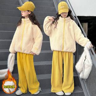 商场品牌女童秋冬套装2025新款中大童毛毛衣加绒保暖外套儿童洋气