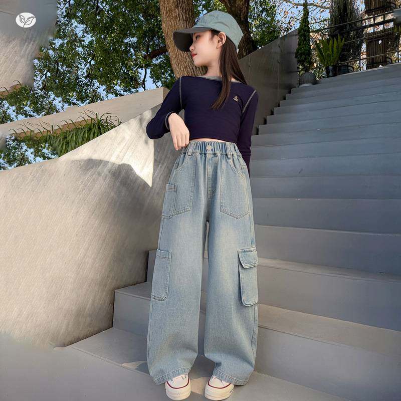 商场品牌女童工装牛仔裤2026年春秋新款中大童设计感阔腿裤修身直
