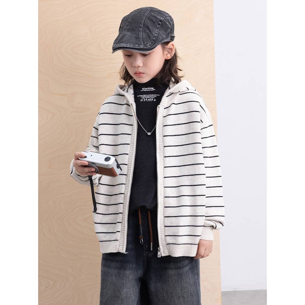 商场品牌男童毛衣2025秋冬新款中大童时尚休闲条纹连帽上衣男女童