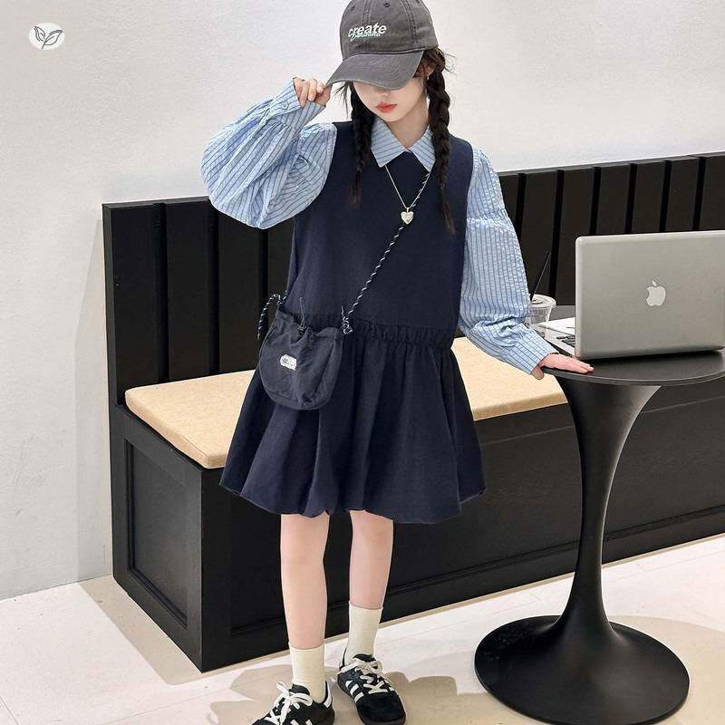 商场品牌女童2026春季新款背心花苞裙条纹衬衫两件套中大童休闲裙