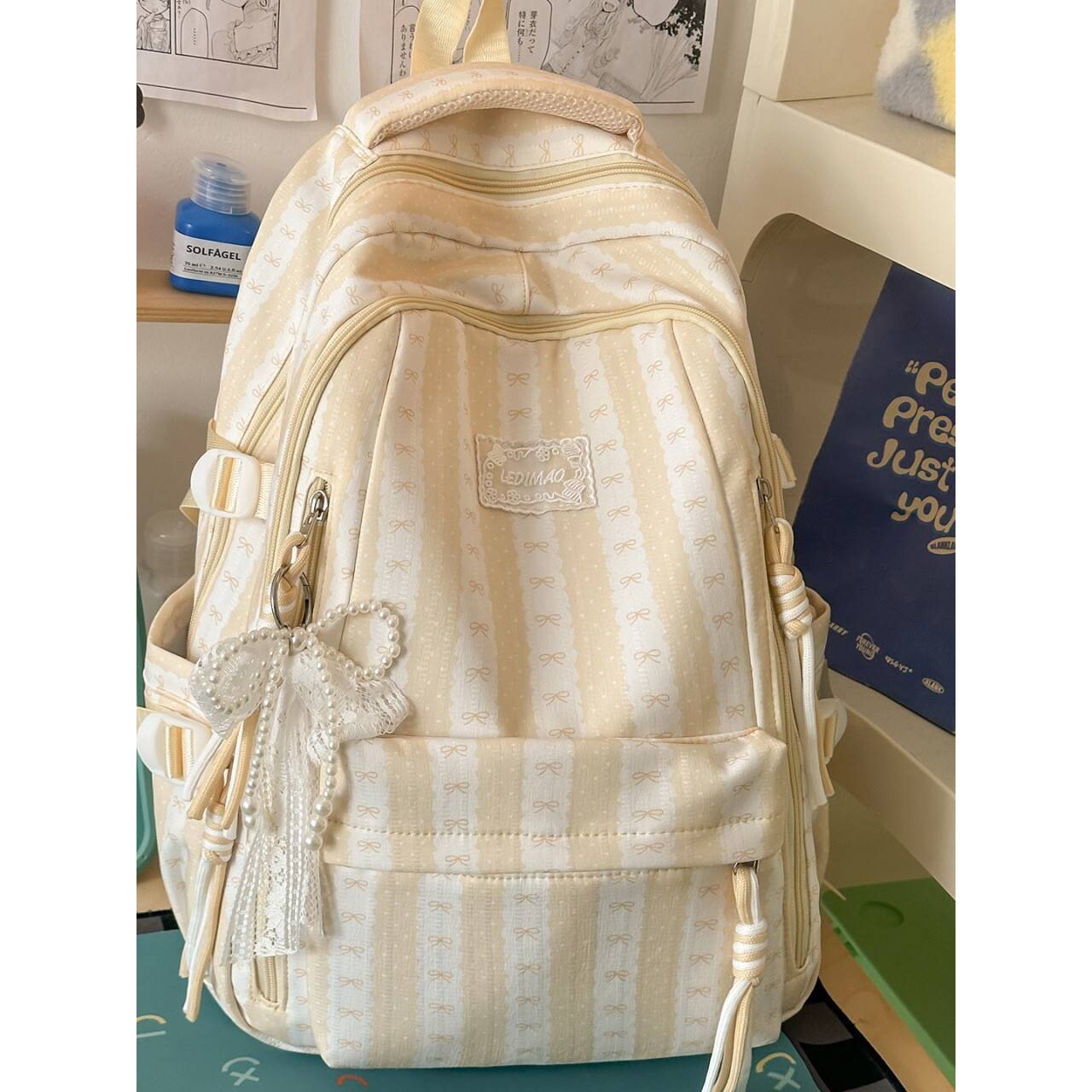 专柜品牌温柔清新学生书包条纹设计双肩包日常通勤双肩包逛街春游