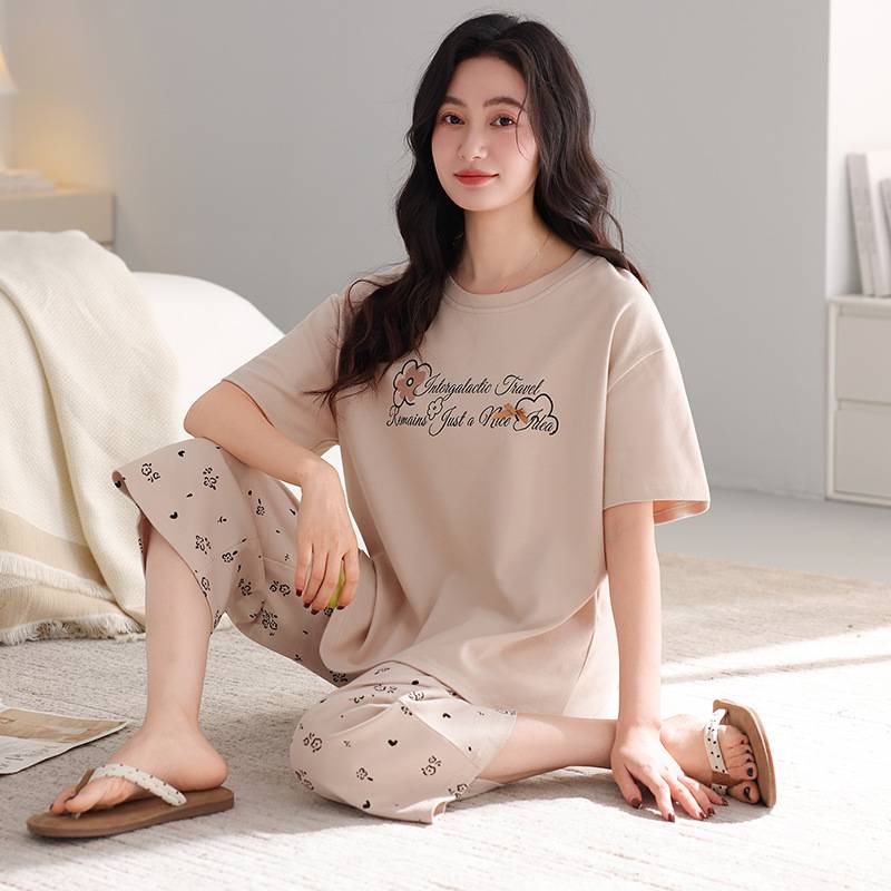 商场品牌带胸垫纯棉睡衣女三件套夏季短袖短裤七分裤可外穿全棉家