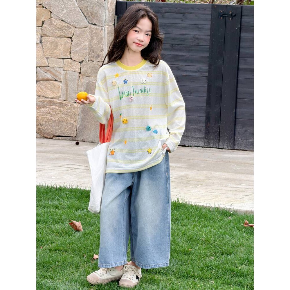 商场品牌女童套装夏装2026新款7儿童洋气夏季防晒长袖t恤大童牛仔