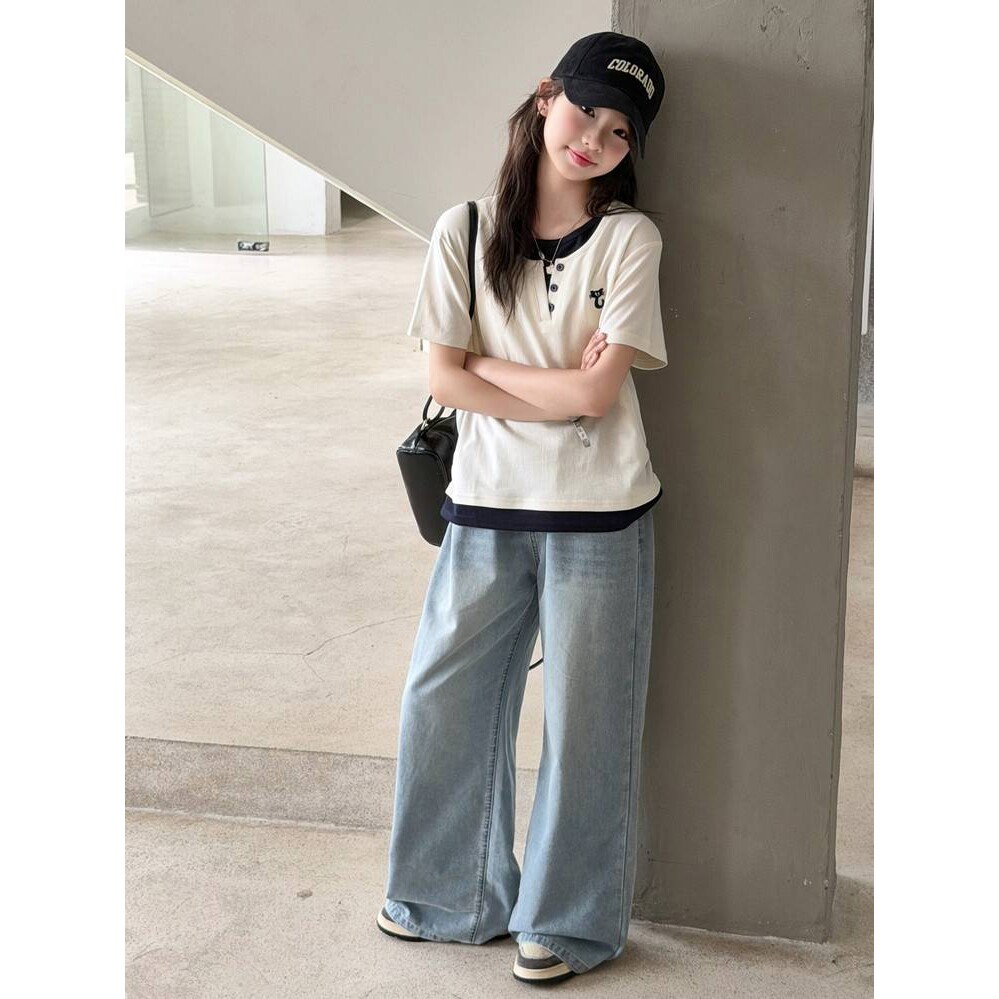 商场品牌女童夏装假两件T恤两件套中大童洋气短袖牛仔裤休闲夏装2