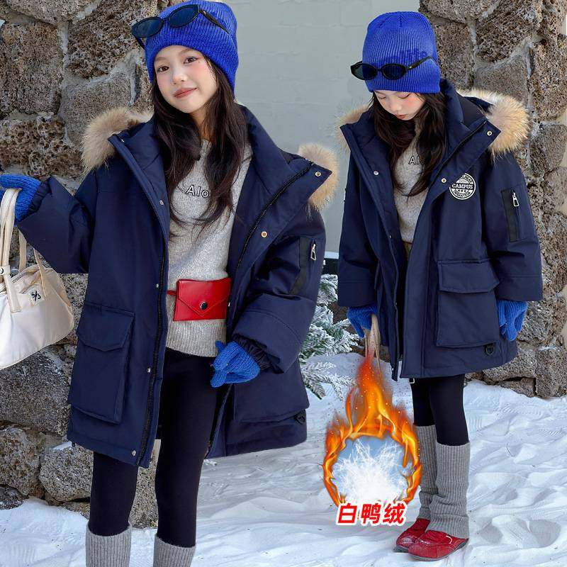 商场品牌女童工装真毛领中长款羽绒服2025新款冬装儿童90白鸭绒派