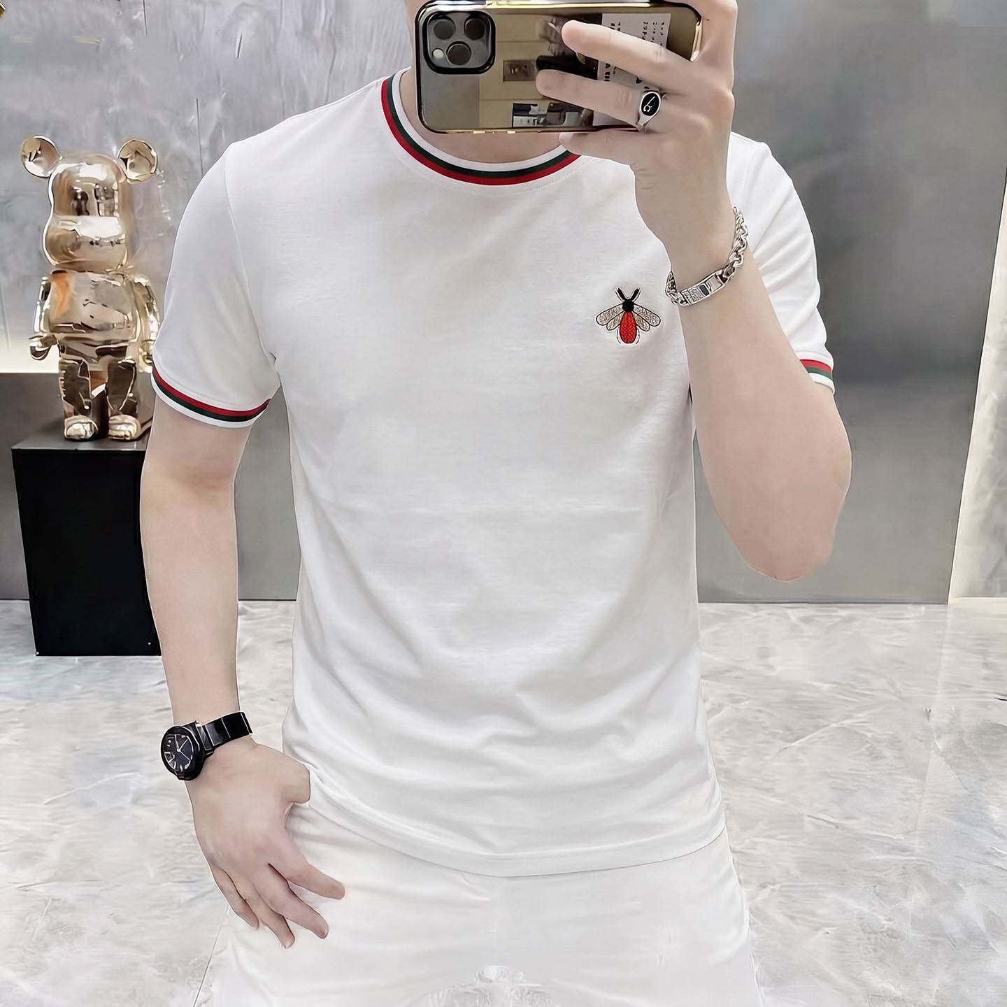 商场品牌高档男士夏季冰丝白色刺绣蜜蜂T恤潮流男装时尚修身百搭