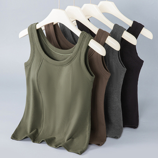 中老年人加绒背心保暖马甲加厚带胸垫免穿文胸加大码 打底女士上衣