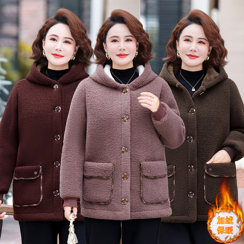中老年女颗粒绒连帽外套棉衣加厚妈妈装显瘦保暖加绒大衣冬季棉服