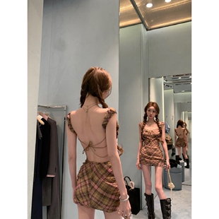 2026新款复古风格纹连衣裙女露背系带性感短裙甜辣妹纯欲显瘦裙子
