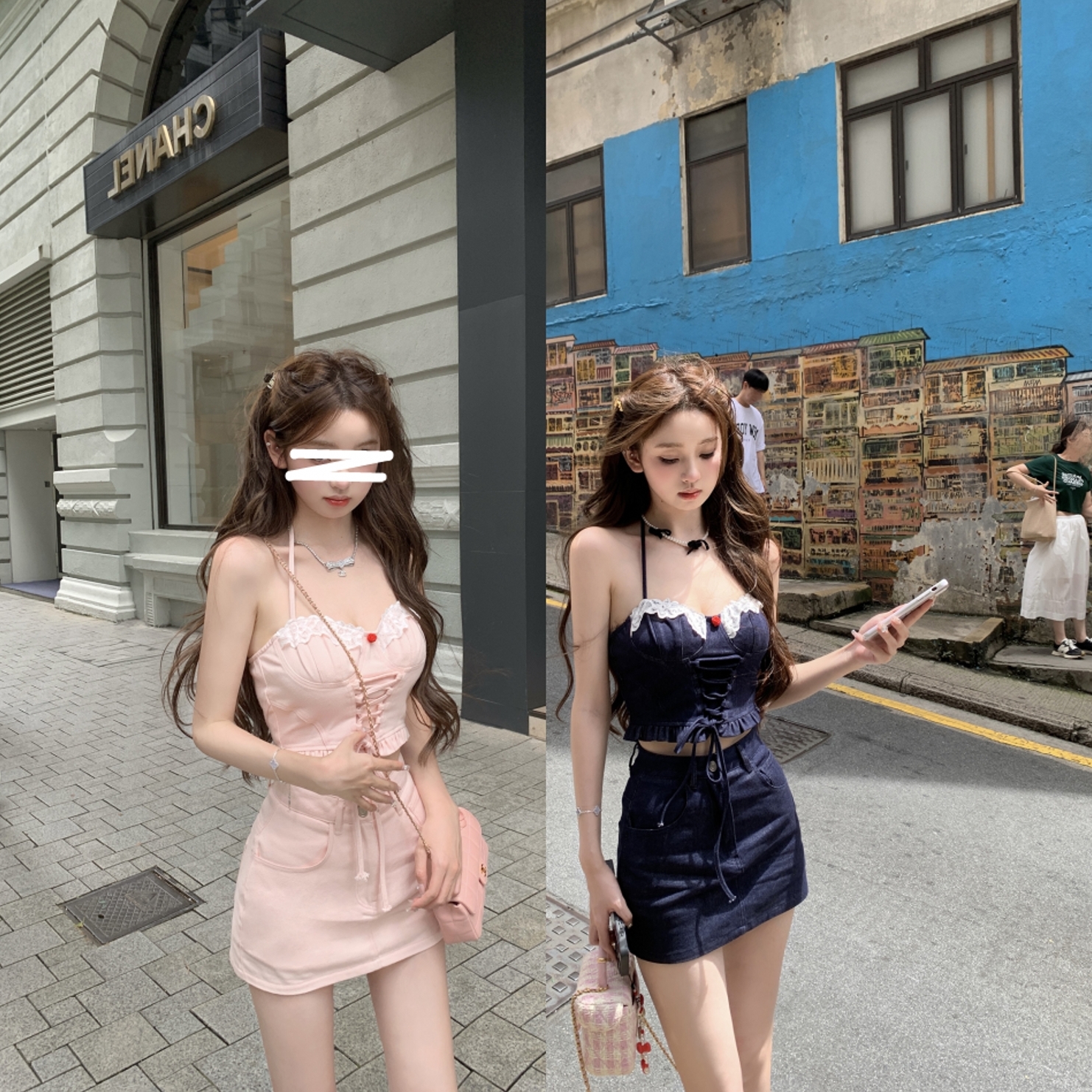 两件套甜酷风绑带蕾丝花边吊带挂脖抹胸女夏辣妹牛仔半身短裙套装