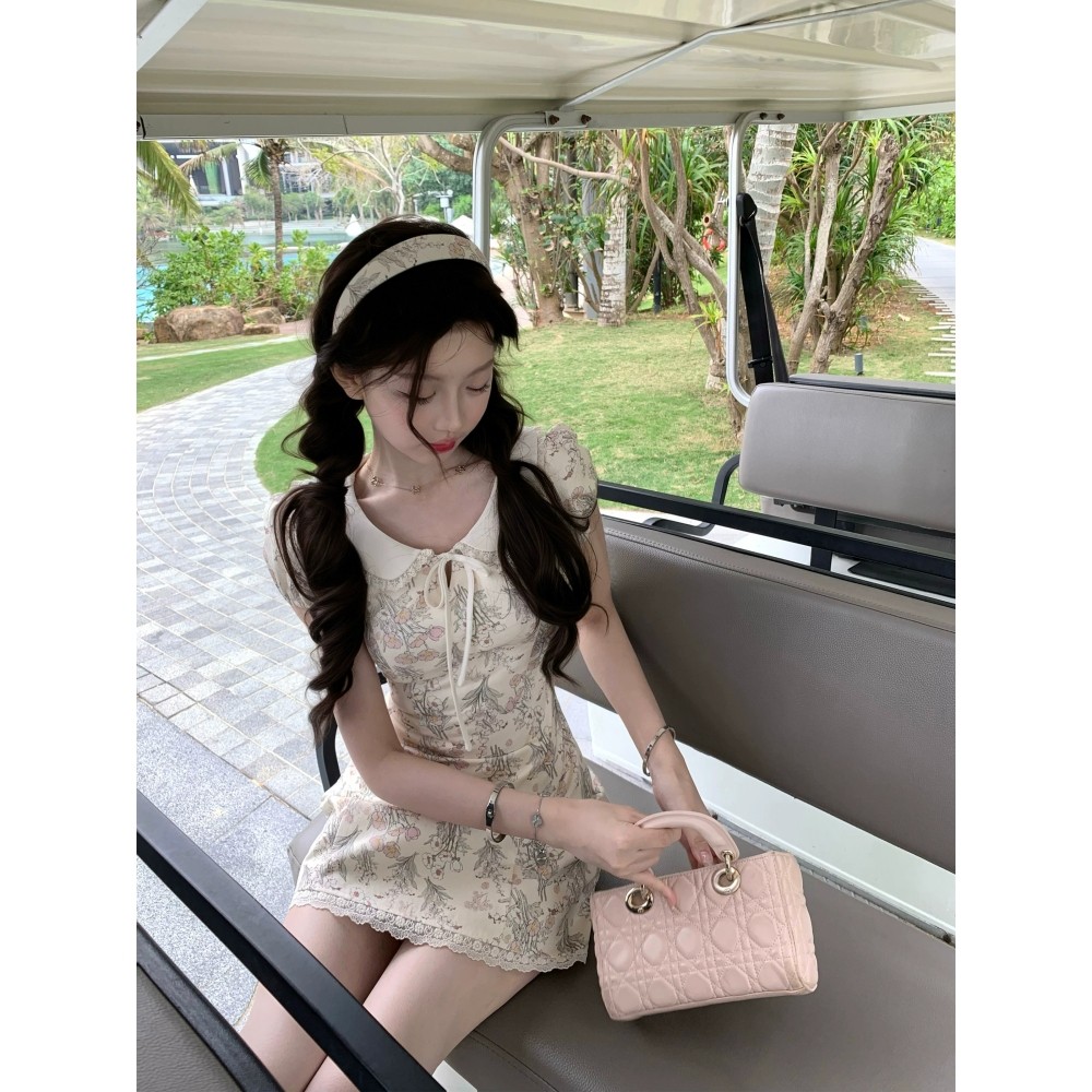 2026法式甜美风娃娃领短袖碎花连衣裙女千金感蕾丝边系带短裙女夏
