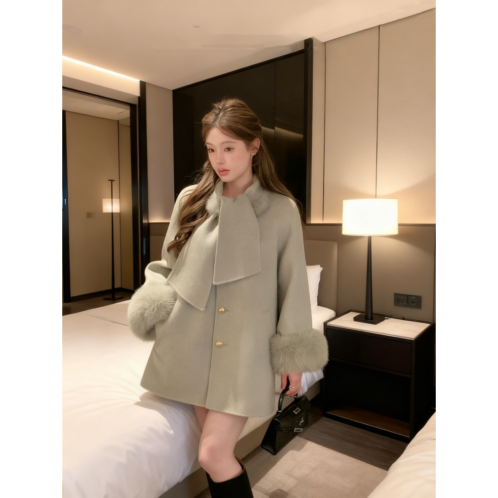 围巾系带领双面呢子大衣外套女冬