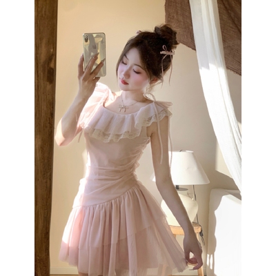 薄纱不规则公主裙女夏拼接粉短裙