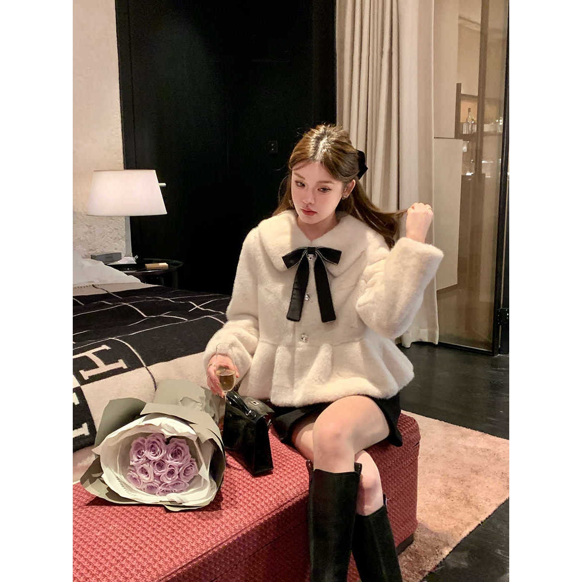 MIU系千金风仿貂毛皮草外套女冬