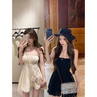 连衣裙纯欲辣妹风蕾丝暗纹抹胸裙女夏设计感小众收腰镂空钩花短裙
