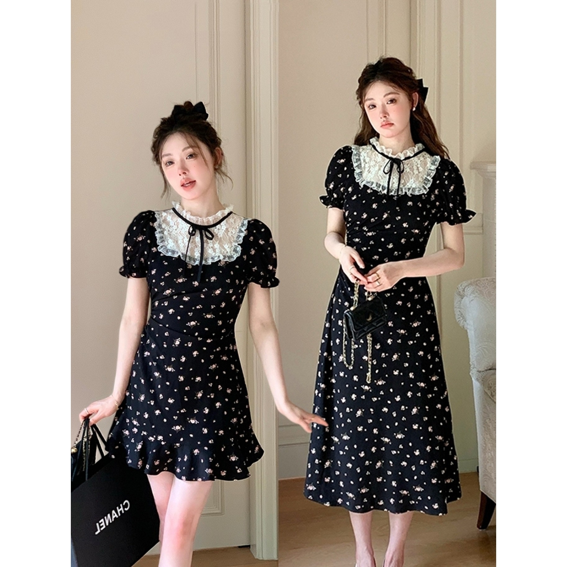 连衣裙千金风立领蕾丝拼接碎花短裙女夏miu系木耳荷叶边收腰长裙