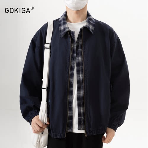 GOKIGA秋季潮流假两件格子领夹克