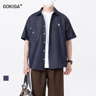 GOKIGA宫崎迦潮牌复古牛仔风短袖衬衫男夏季宽松翻领工装衬衣1834