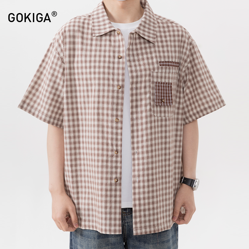 GOKIGA日系复古撞色格子短袖衬衫