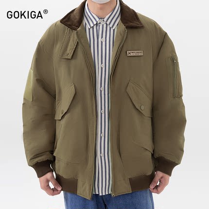 GOKIGA宫崎迦2025复古立领飞行员棉服男潮牌棒球服工装棉衣冬3504