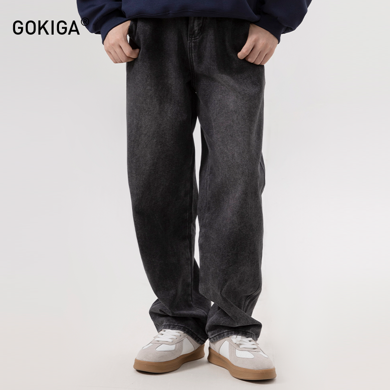 GOKIGA宫崎迦秋冬美式复古水洗直筒牛仔裤男宽松阔腿休闲长裤9009