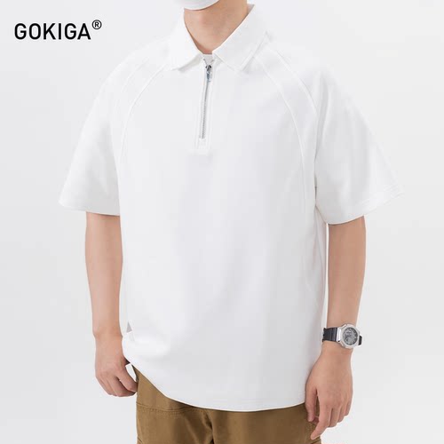 GOKIGA宫崎迦夏季潮牌宽松拉链短袖polo衫男 简约休闲翻领T恤6639