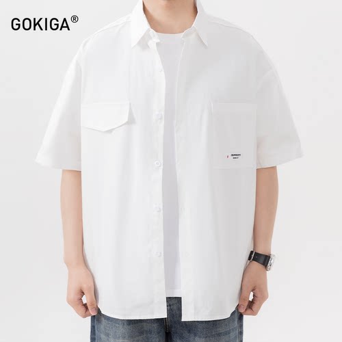 GOKIGA夏季日系宽松纯色短袖衬衫
