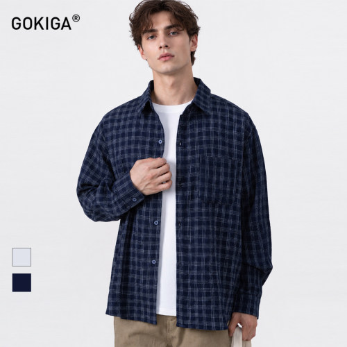 GOKIGA泡泡纱复古撞色格长袖衬衫