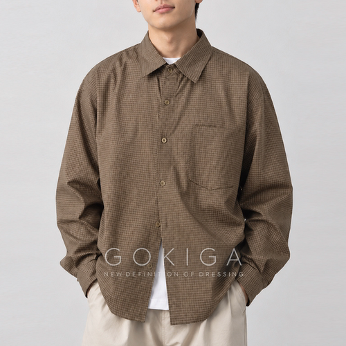 GOKIGA日系复古翻领长袖格子衬衫