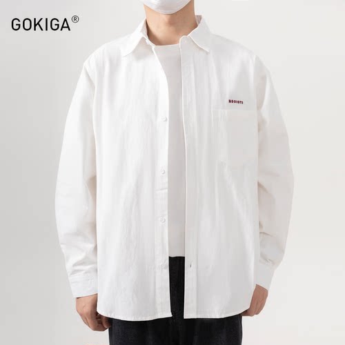 GOKIGA日系纯色长袖衬衫外套秋男