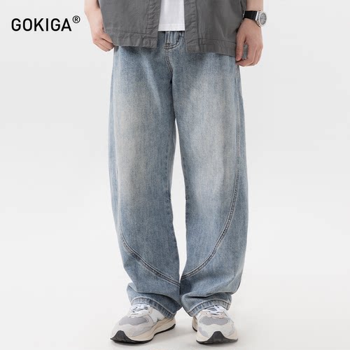 GOKIGA美式复古直筒阔腿牛仔裤男