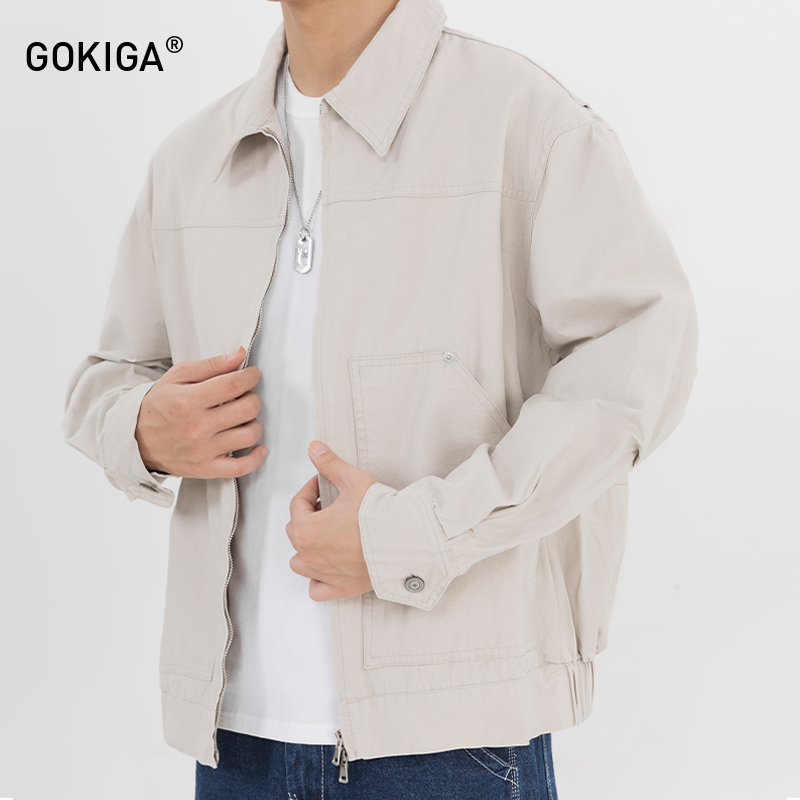GOKIGA宫崎迦2025新款复古翻领拉链夹克男潮流休闲工装外套秋1559