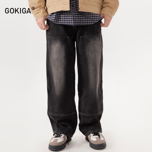 GOKIGA宫崎迦复古直筒水洗渐变牛仔裤男潮流阔腿加绒休闲长裤9315