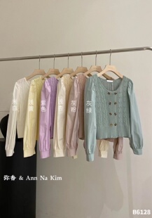弥香韩系温柔F双排扣短款毛衣女ins衬衫长袖拼接针织开衫圆领上衣