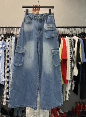 NINA LIFE工装多口袋直筒蓝色牛仔裤女春夏季高腰垂感休闲阔腿裤