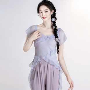 古典舞蹈服上衣形体服女中国舞现代舞荷叶边短袖 纱衣练功服成人