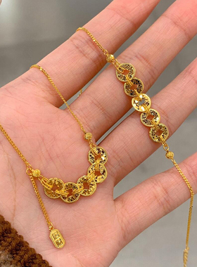 爆闪碎冰冰金色五帝钱项链配饰女款高级感轻奢小众毛衣链新年饰品