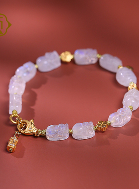 顽石灵 收藏级月光石精工貔貅S925银配饰水晶手串W1-430