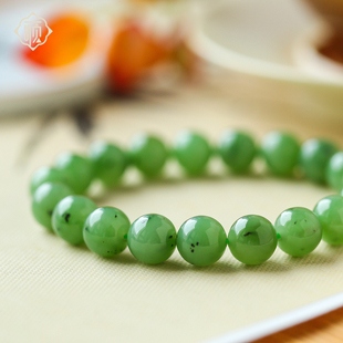 顽石灵翠青裹玉脂毕业级乌兰海苹果绿碧玉圆珠手串W2-273