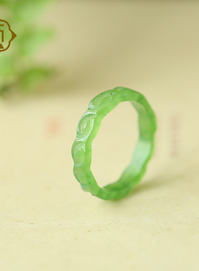 顽石灵 收藏级老坑苹果绿清新自然碧玉和田玉戒指W1-388