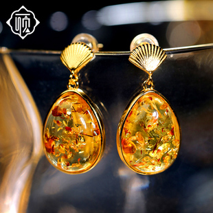 顽石灵 精品级琥珀花珀耳环S925银镀金镶嵌耳饰W1-381P