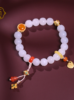 顽石灵 收藏级精雕羊脂白和田玉莲花珠搭配银镀金配饰手串W1-426