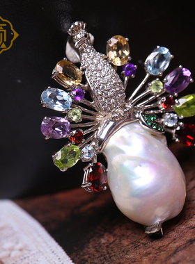 顽石灵 可遇不可求925银镶异形巴洛克珍珠吊坠多宝水晶孔雀W1-369