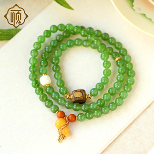 顽石灵收藏级冰底细料苹果绿碧玉多圈设计款和田玉手串W1-114