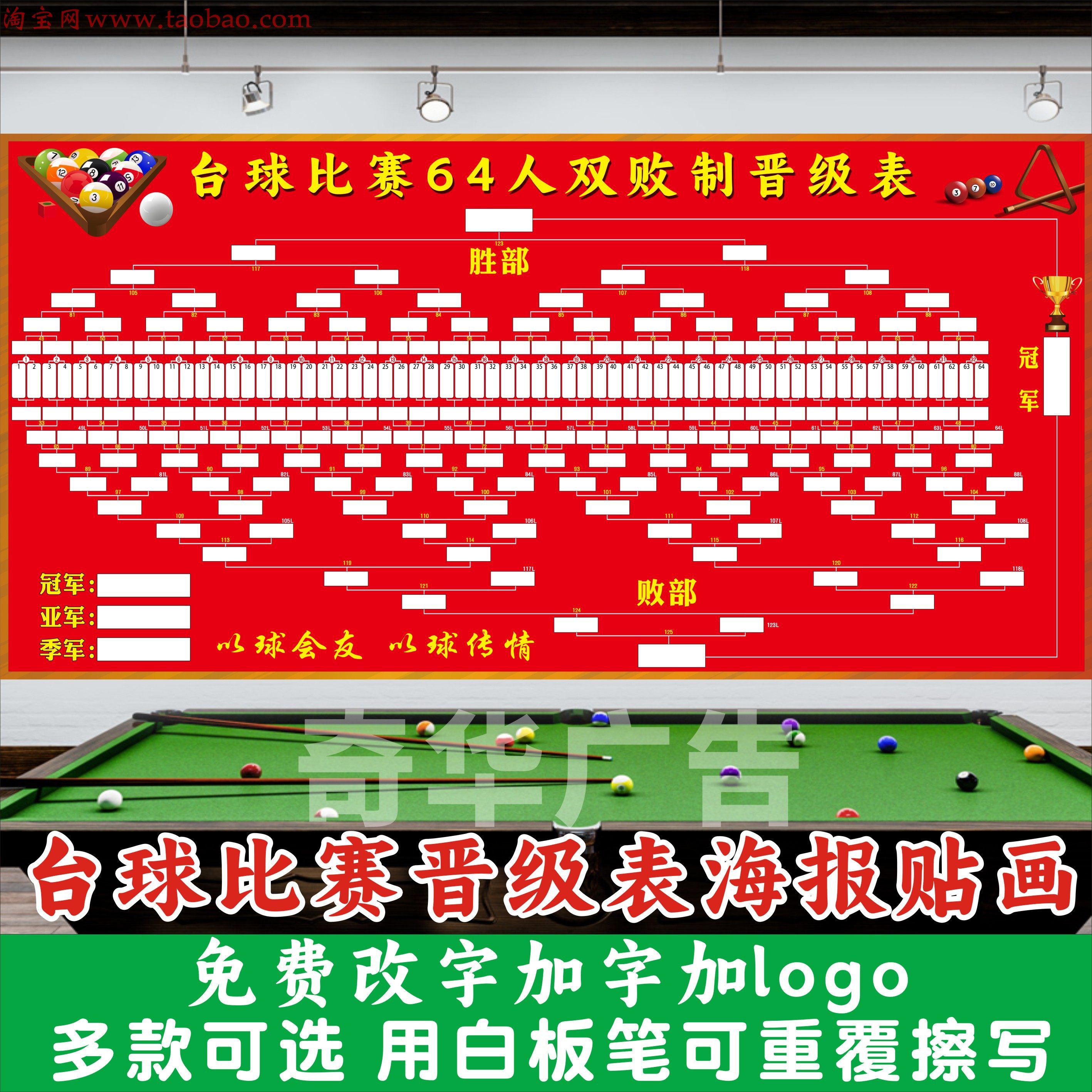 64人双败32人16人单败台球比赛晋级表比赛规则台球室对阵表装饰画