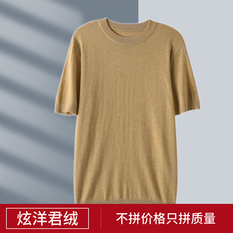 夏季新款精纺羊毛短袖男圆领t恤衫毛衣宽松纯色针织薄款时尚半袖
