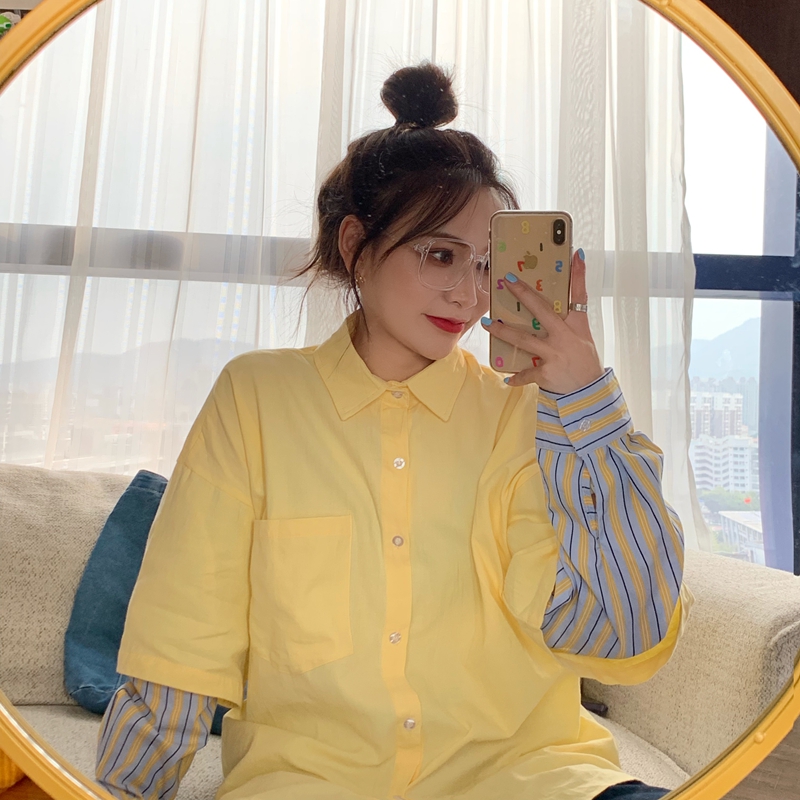 Real shot real price fake two-piece shirt women's Korean version design minority long sleeve stripe loose casual shirt