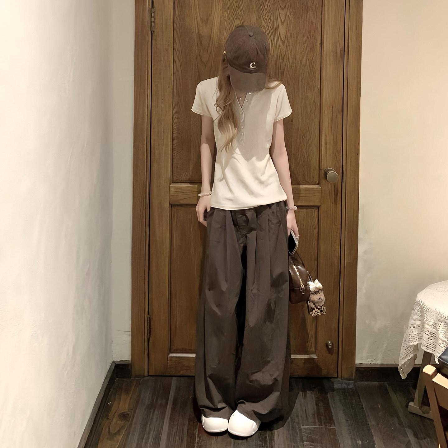 杏色短袖咖色阔腿裤套装女