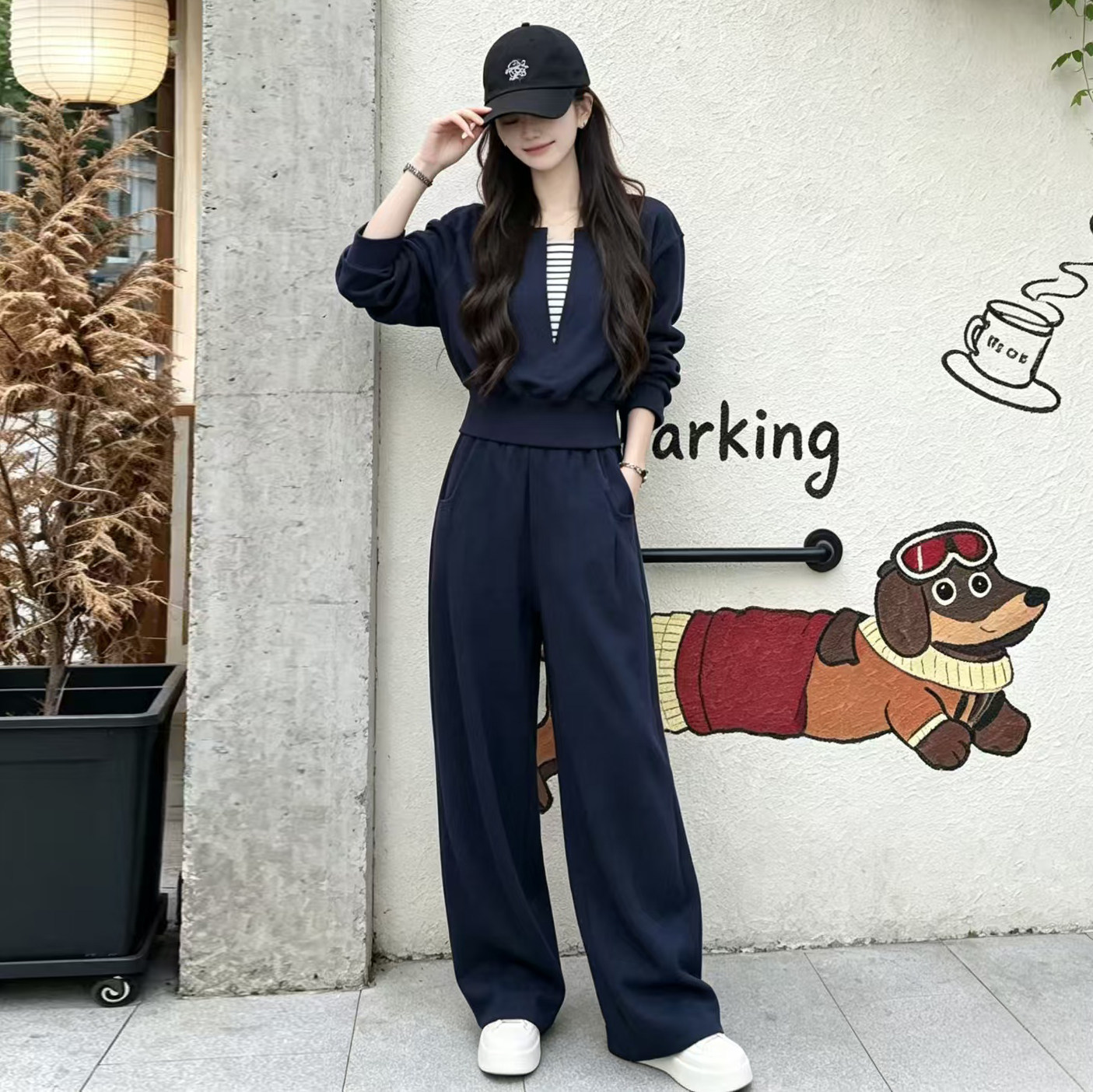 韩系高级感藏蓝色休闲运动套装女春秋炸街减龄假两件卫衣两件套装