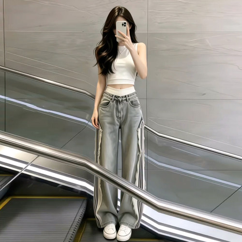 白色背心拼接牛仔阔腿裤套装女
